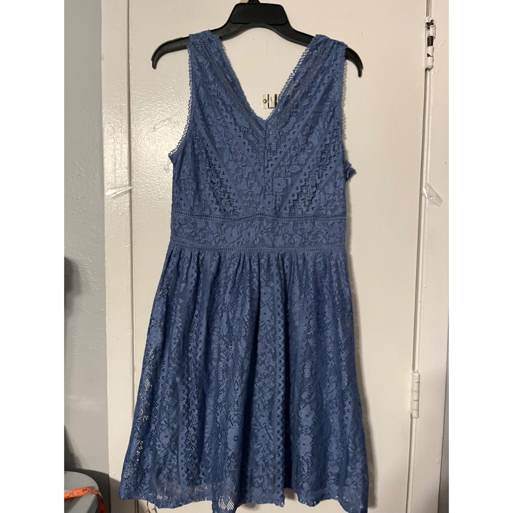 Doe & Rae Blue Lace V-Neck Fit & Flare Dress Sleeveless L 24551D